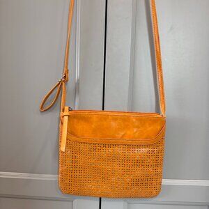HOBO Crossbody in Orange Leather with Woven Pattern Pocket